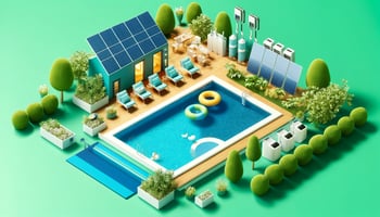 A bright, cheerful photorealistic image representing eco-friendly pool designs featuring a modern pool surrounded by greenery, solar panels, and energy-efficient equipment.