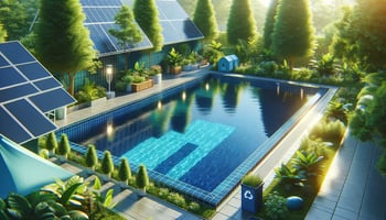 A bright, cheerful, eco-friendly pool with clear water, surrounded by greenery, solar panels, and sustainable elements, symbolizing water quality management.