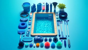 Bright and cheerful image showing essential pool maintenance tools around a clean pool, including skimmer nets, brushes, and test kits, in navy and aqua blue