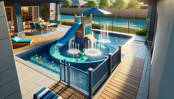 Family-friendly pool design with shallow entry, splash pad, and secure fencing in navy and aqua blue tones