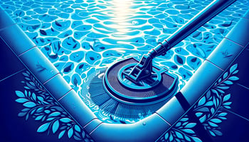 A bright and cheerful scene of a clean swimming pool with a pool skimmer in action, featuring navy blue and aqua blue colors.