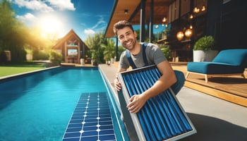 Cheerful person installing a solar pool heating system by an aqua blue pool, reflecting sustainable pool heating.