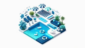 A photorealistic image representing different types of pool covers in bright, cheerful colors (navy blue and aqua blue), symbolizing pool safety and maintenance reduction.