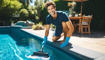 A cheerful person cleaning a swimming pool with a skimmer, emphasizing DIY pool maintenance tasks.