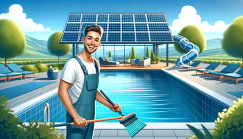 A cheerful person is maintaining an eco-friendly pool with solar panels, showcasing modern, sustainable pool design. The colors are navy blue and aqua blue.