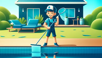 Cheerful person in navy and aqua blue attire cleaning a sunny pool, enhancing safety and visibility.