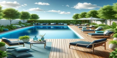 A well-maintained pool deck with clean surfaces, vibrant greenery, and modern lounge furniture in navy and aqua blue, symbolizing DIY pool deck maintenance.