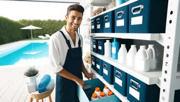 A cheerful person organizing pool chemicals in labeled containers on shelves near a pool, highlighting safe DIY storage solutions.