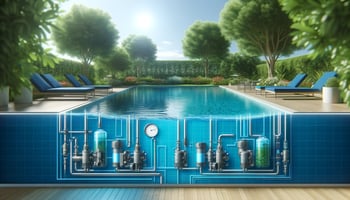 Photorealistic image of a residential pool demonstrating modern hydraulic design in navy and aqua blue tones.