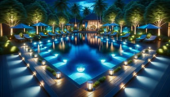 Photorealistic pool scene at dusk with navy and aqua blue LED lights enhancing both beauty and safety.