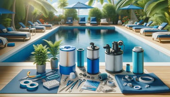 A bright, cheerful image symbolizing DIY pool filter upgrades featuring tools and components in navy blue and aqua blue.