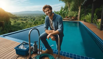 A cheerful person adjusts pool equipment to a vibrant aqua blue pool, surrounded by lush greenery and a scenic view, highlighting pool design harmony.