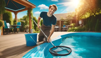 A cheerful person skimming an inground pool in a backyard under a bright, sunny sky. The colors navy blue and aqua blue highlight a lively pool enthusiast scene.