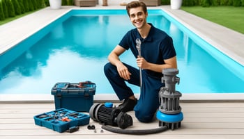 Cheerful person in navy blue working on a pool pump, embodying sustainable pool ownership.