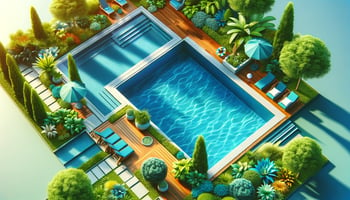 Bright and cheerful image of a well-maintained pool with clean water and surrounding greenery, representing professional seasonal pool services.