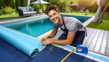 A cheerful person is working on a custom pool cover in navy and aqua blue, illustrating DIY pool maintenance.