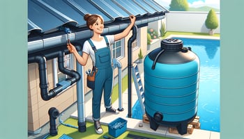 A cheerful person setting up a rainwater harvesting system for their pool, featuring navy blue and aqua blue elements