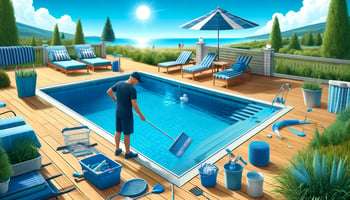 A cheerful backyard pool prepared for spring with a person cleaning the pool and bright, sunny weather.