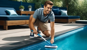 A cheerful person is cleaning a pool with a brush, highlighting the best pool brush for various surfaces like concrete, vinyl, and fiberglass.