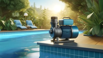 A bright, cheerful image of a modern pool pump setup next to a sparkling clean pool, emphasizing efficiency and sustainability.