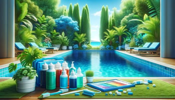 A bright and cheerful image of a clean swimming pool with testing kits and chemicals symbolizes pool chemistry essentials for homeowners.