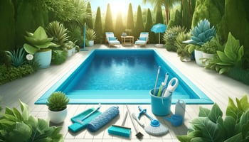 Bright backyard pool with clear water, surrounded by greenery, with visible pool care tools, symbolizing DIY maintenance.