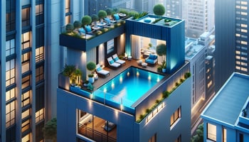 Photorealistic image of a modern urban pool with navy blue and aqua blue colors, symbolizing contemporary pool design in small city properties.