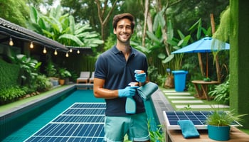 The cheerful person maintains a pool with eco-friendly products, wearing a navy blue shirt and aqua blue shorts, surrounded by greenery.