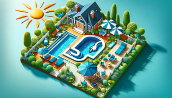 An image showing various pool types, including inground, above-ground, and infinity pools, with a bright and cheerful atmosphere surrounded by greenery and outdoor furniture in navy blue and aqua-blue colors.