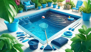 The bright, cheerful image of a clean pool with navy and aqua colors, maintenance tools, and vibrant plants symbolizes easy pool upkeep.