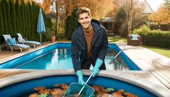 A cheerful person in a navy blue jacket and aqua blue gloves cleaning a pool for winter, with autumn foliage in the background.