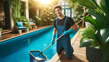 A cheerful person maintaining a pool using eco-friendly methods featuring navy blue and aqua blue colors.