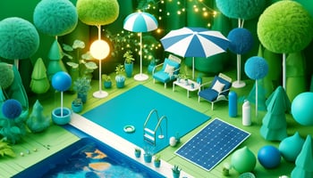 A vibrant poolside with solar lights, a pool cover, and a solar heater surrounded by greenery. The colors navy and aqua blue symbolize eco-friendly accessories.