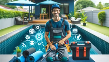 A cheerful person using advanced tools to maintain a modern pool, showcasing vibrant navy blue and aqua blue colors, representing innovative pool care.