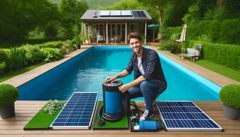 A cheerful person is retrofitting an older pool with eco-friendly equipment, installing solar panels and a variable-speed pump in navy blue and aqua blue.