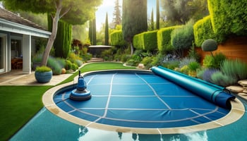 A photorealistic image of a bright and cheerful pool area, symbolizing methods to keep pollen out of your pool in spring, featuring navy blue and aqua blue colors.