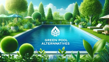 Photorealistic image of a sparkling swimming pool surrounded by lush greenery, symbolizing eco-friendly pool maintenance alternatives. Bright, cheerful atmosphere with navy and aqua blue colors.