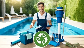 Bright, cheerful scene of pool equipment in a backyard setting, highlighting sustainability with navy blue and aqua blue colors.