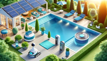 A bright and cheerful poolside scene showcasing energy-efficient pool equipment like solar panels for heating, a robotic pool cleaner, and a modern filtration system