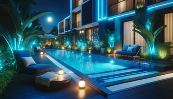 A bright and cheerful pool area illuminated with navy blue and aqua blue lights, symbolizing DIY pool light installation for aesthetics and safety.