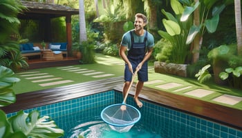 Cheerful person in navy blue cleaning a clear aqua blue pool, promoting sustainable pool care.