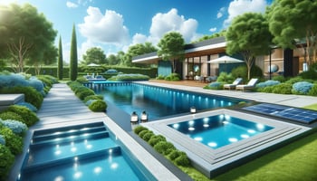 A photorealistic depiction of a modern pool featuring an infinity edge, surrounded by lush greenery, with solar lights and a swim spa under a bright blue sky.