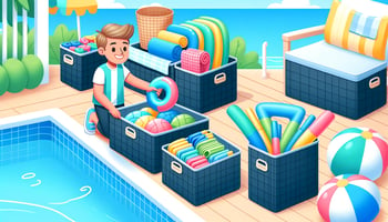 Cheerful person organizing pool accessories in a tidy pool area with navy blue and aqua blue storage solutions.