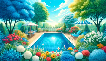 Photorealistic image of a clean swimming pool, surrounded by lush greenery and vibrant spring flowers under a blue sky.