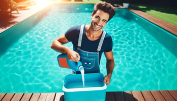 Cheerful person adjusting chemicals in a vibrant aqua blue pool, promoting efficient pool maintenance.