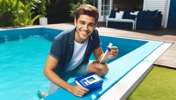 A cheerful person testing pool water using a pool water testing kit, with aqua blue pool water and navy blue accents around the pool area.