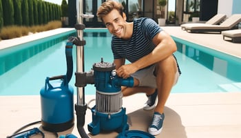 Cheerful person repairing a pool pump on a sunny day, surrounded by a neat poolside area with navy blue and aqua blue colors, showcasing modern pool care.