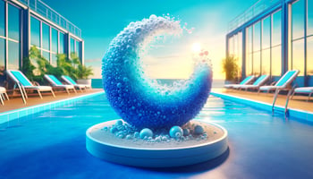 A bright and cheerful symbolic representation of cyanuric acid in pool maintenance with a sparkling swimming pool showing shades of navy and aqua blue.