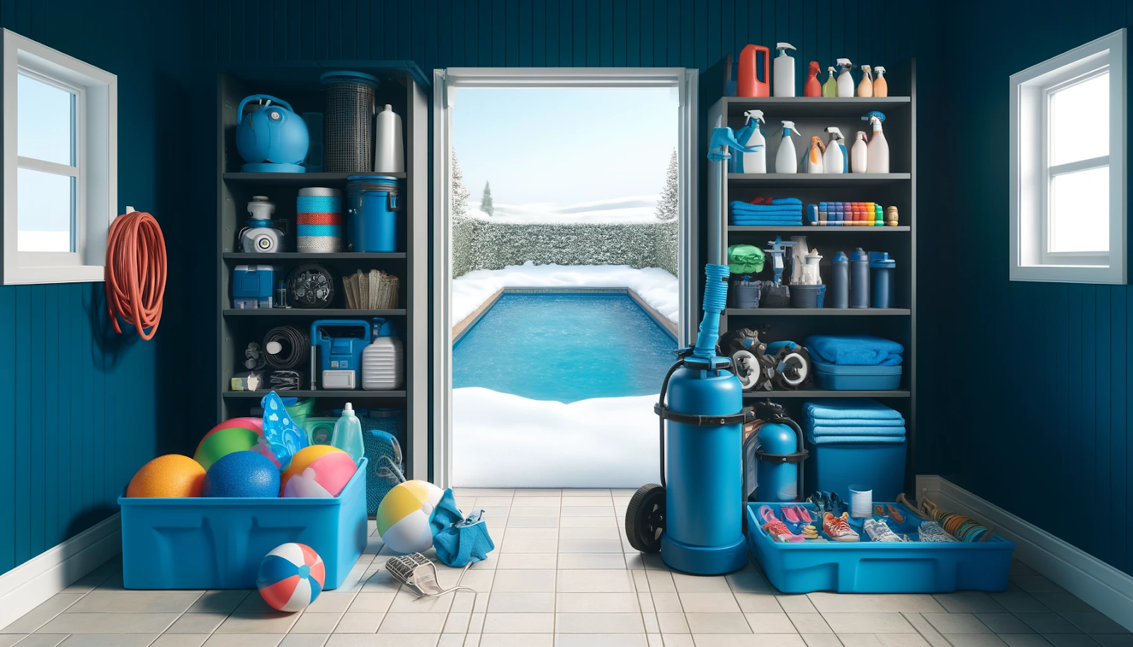 This is a bright and cheerful image representing winter pool equipment care. It symbolizes cleaned and stored pool items in a navy blue and aqua blue color scheme.