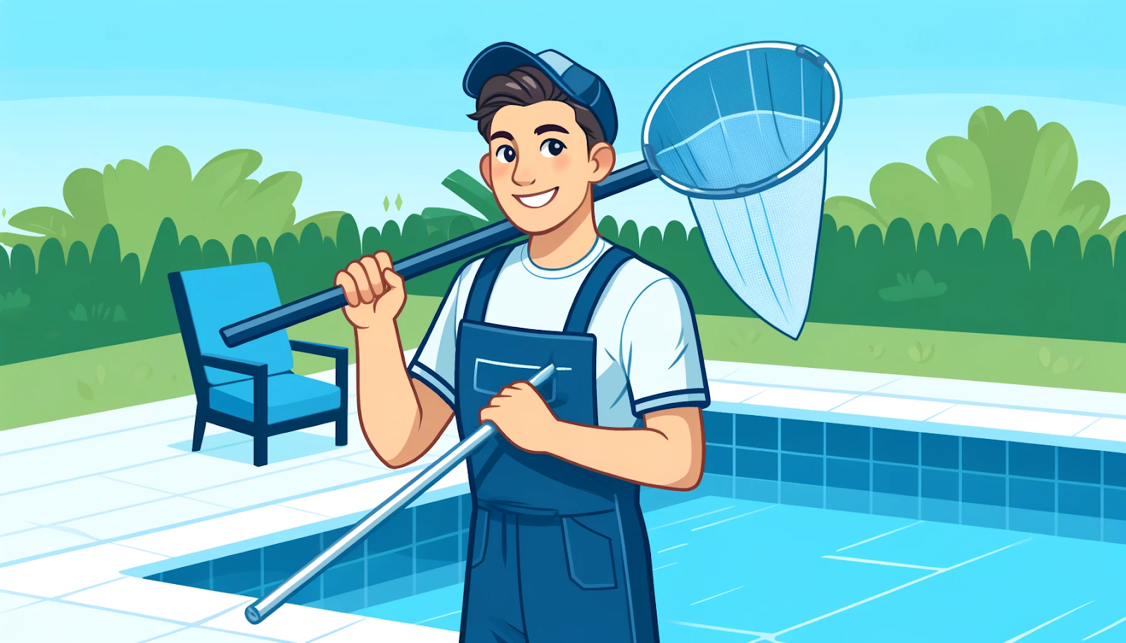 Cheerful person cleaning a pool with a skimmer net, surrounded by navy blue and aqua blue accents, representing seasonal maintenance.